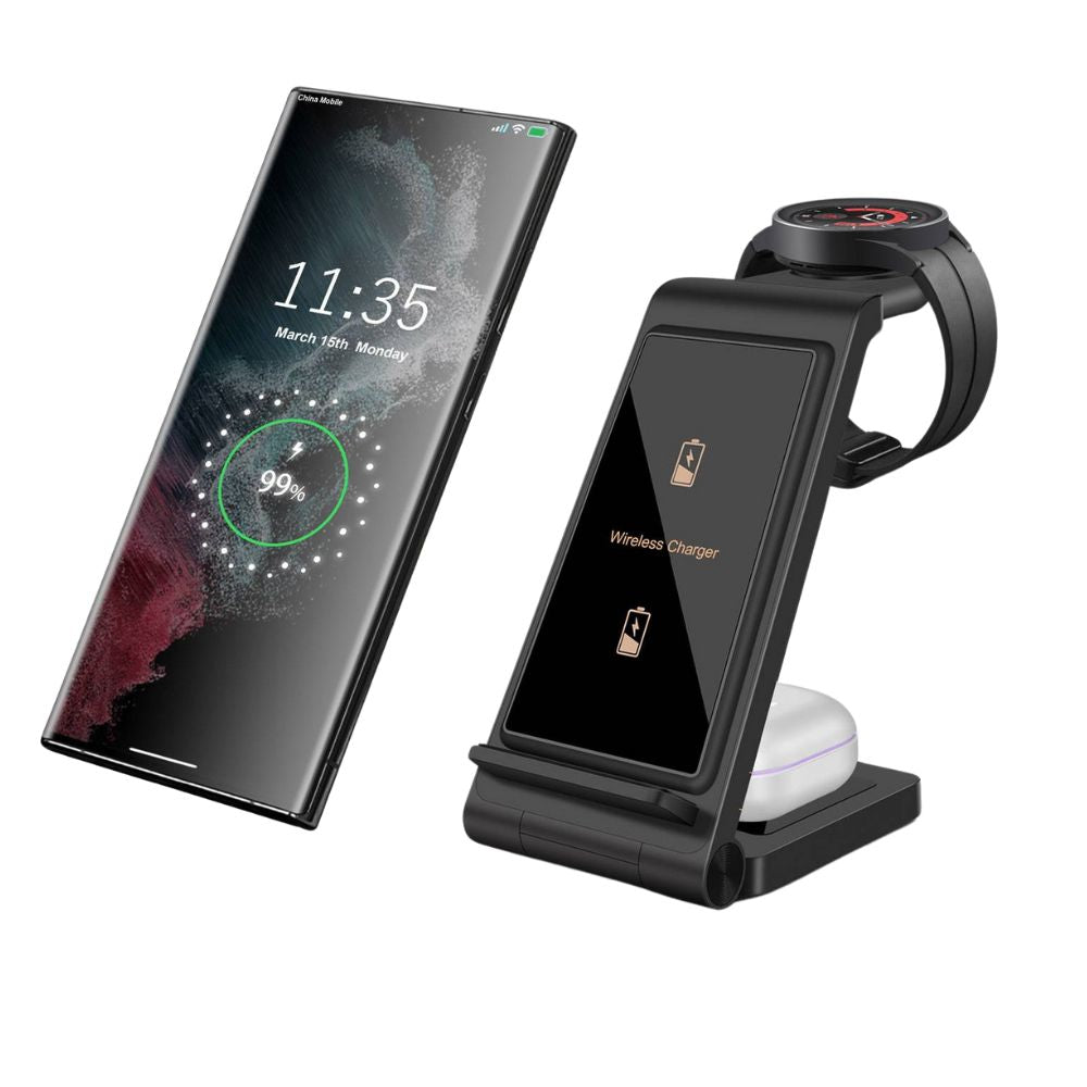 Premium 3-in-1 25W Schnellladestation Dock | Kabelloses Ladegerät für Smartphones, Apple iPhone, Samsung, iOS & Android Watch, AirPods, Galaxy Buds, Kopfhörer | Fast Wireless Charging Station