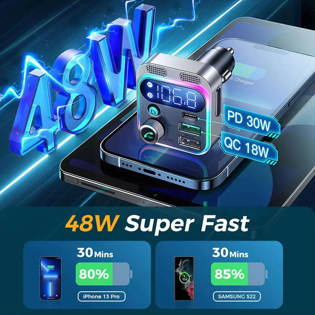 Premium Bluetooth 5.2 FM-Sender Auto-USB Ladegerät, FM/Aux Bluetooth-Adapter, Bass-Boost, 3-Port Car USB Ladestation Smartphones, Apple iPhone, Samsung, iOS & Android