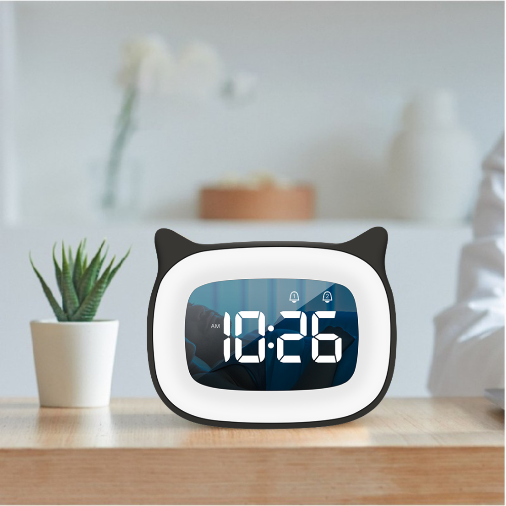 Premium Wiederaufladbarer Digitaler Wecker mit Katzen-Design: Nachtlicht, Touch-Snooze, Always-On Display, 12/24h, Dual-Alarm, Musik, LED-Tischuhr