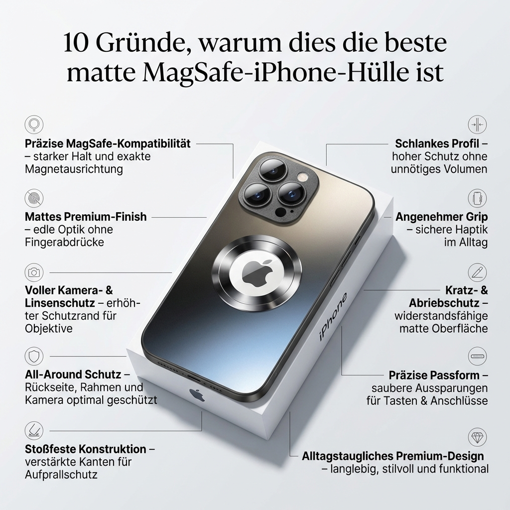 Hochwertige Matte Magnetische iPhone-Hülle mit MagSafe Case für Apple iPhone 17/17 Air, 16/16e, 15, 14, 13 Pro Max Plus | Glasobjektiv-Kameraschutzabdeckung, Panzer-Schutzhülle, Stoßfest und Stilvolle Handyhülle | Tasche in limitierter Auflage