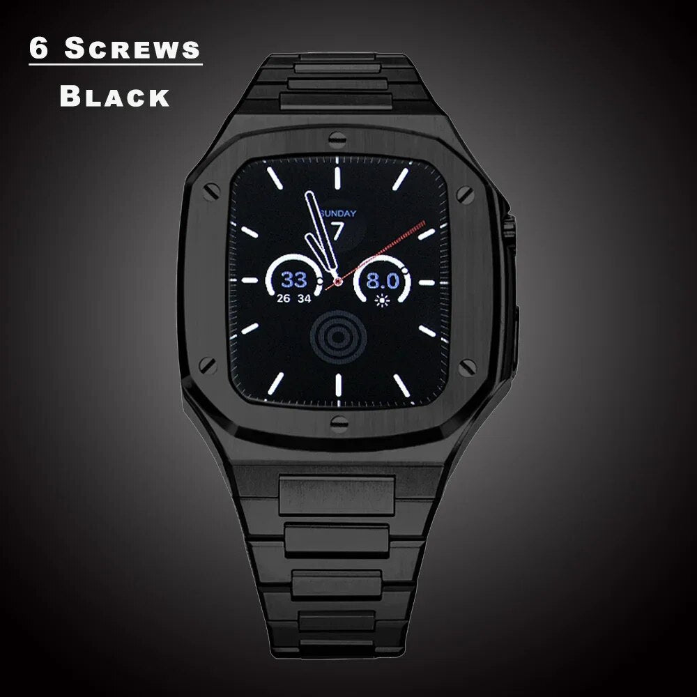 Luxus Modifikations-Kit für Apple Watch Serie 9/8/7/SE/6/5/ 45mm/44mm Metallgehäuse und Hülle, Rahmen & Armband Case Zubehör