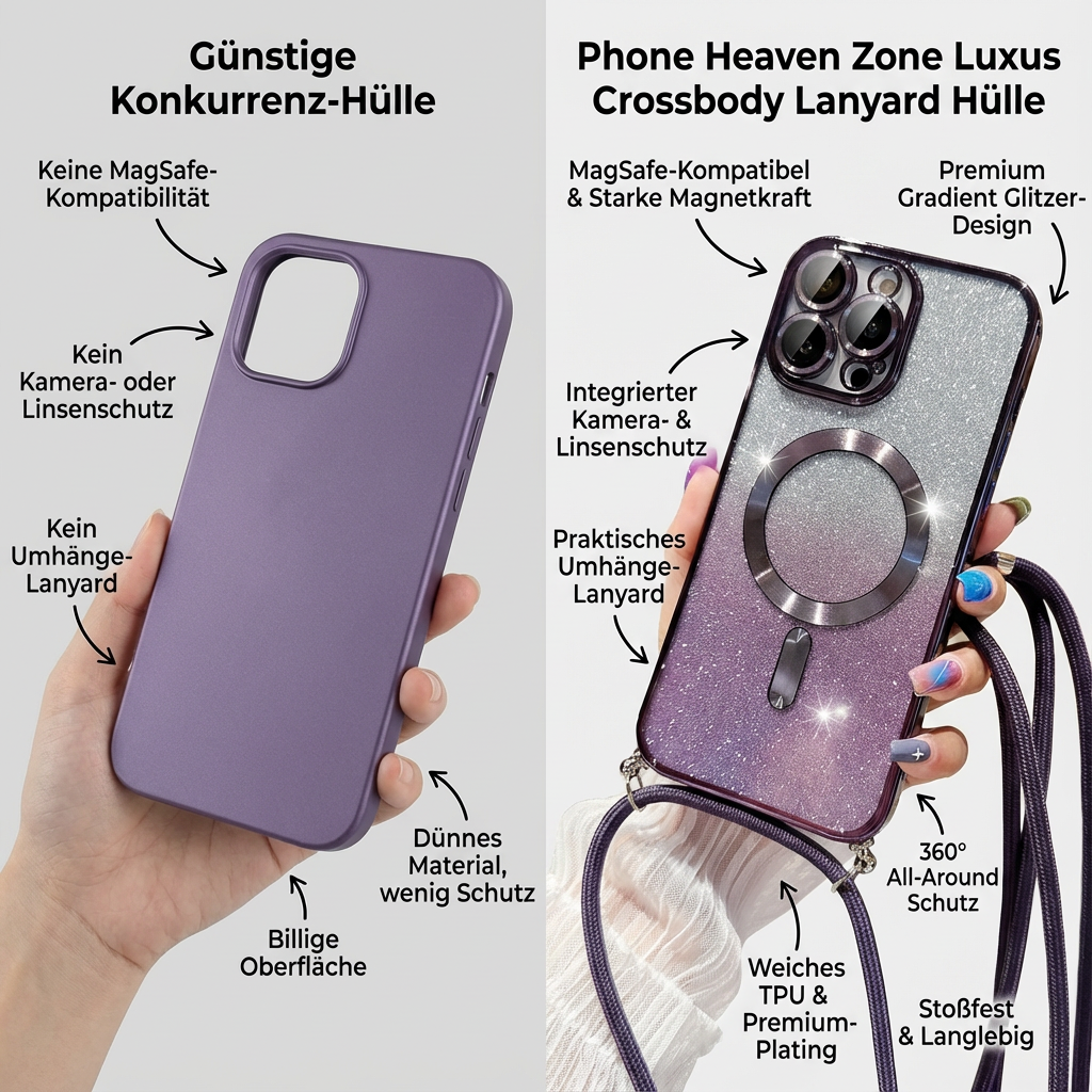 Luxus Crossbody Lanyard Gradient Glitzer Magnetgehäuse iPhone Hülle | MagSafe Case mit Kameralinsenschutzabdeckung für Apple iPhone 17/17 Air/16/16e/15/14/13 Pro Max Plus Cover | Panzertasche, Weiche TPU Plating Handyhülle | Premium Schutzhülle