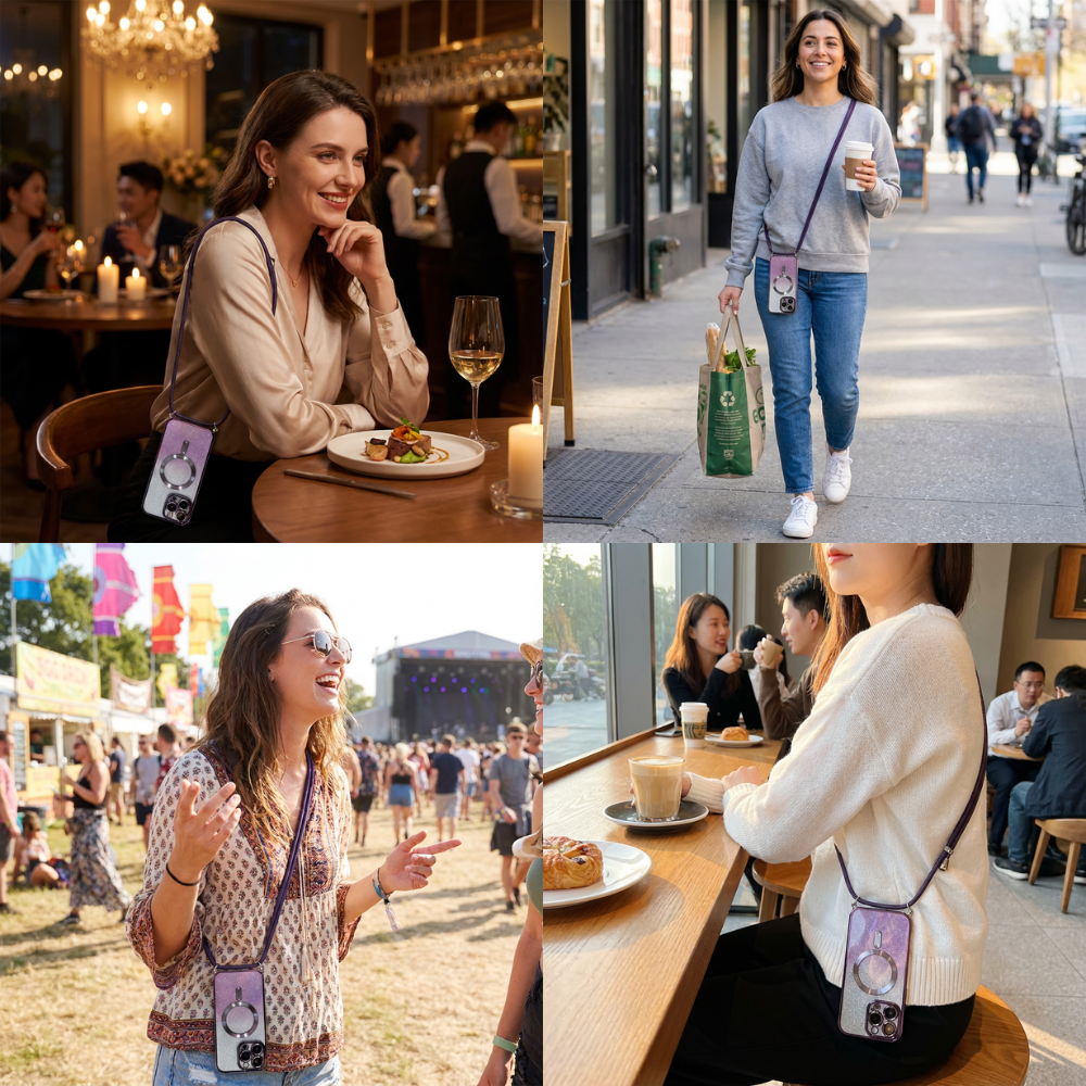 Luxus Crossbody Lanyard Gradient Glitzer Magnetgehäuse iPhone Hülle | MagSafe Case mit Kameralinsenschutzabdeckung für Apple iPhone 17/17 Air/16/16e/15/14/13 Pro Max Plus Cover | Panzertasche, Weiche TPU Plating Handyhülle | Premium Schutzhülle