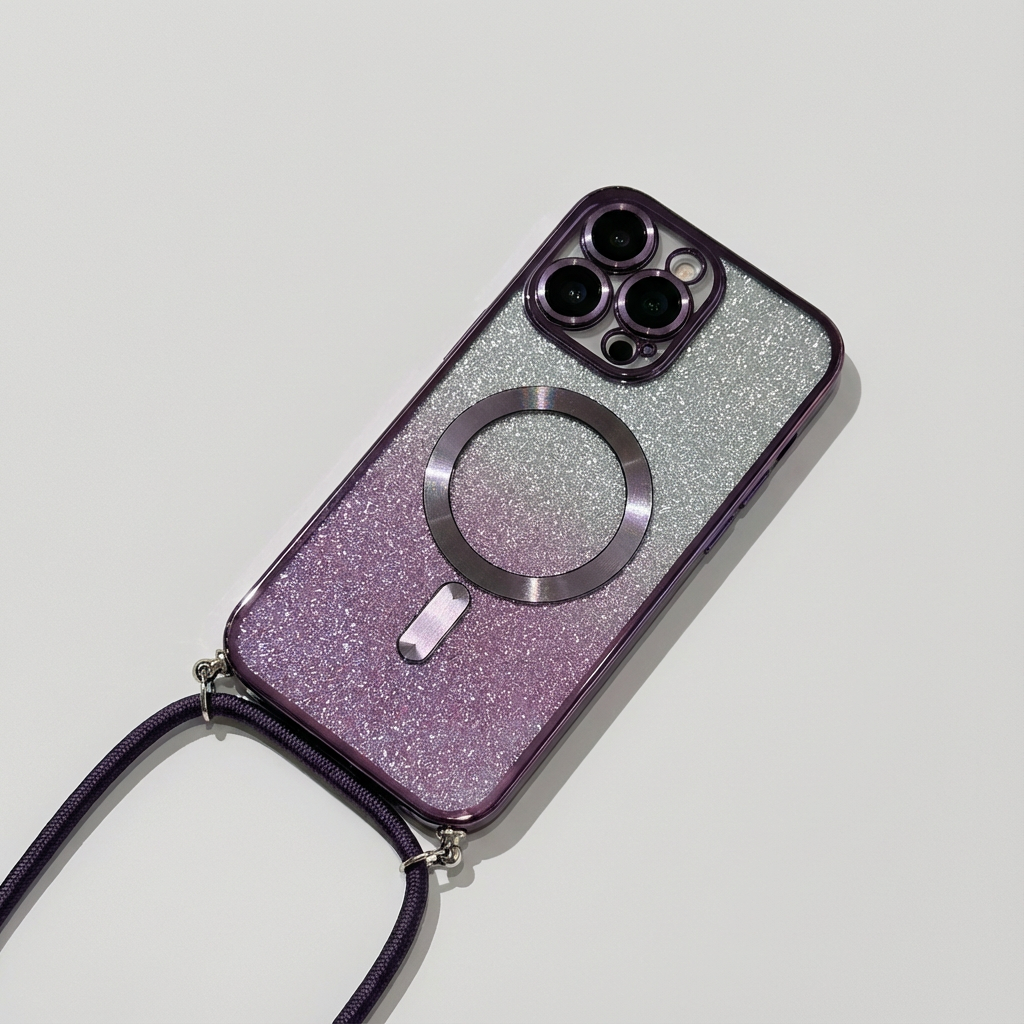 Luxus Crossbody Lanyard Gradient Glitzer Magnetgehäuse iPhone Hülle | MagSafe Case mit Kameralinsenschutzabdeckung für Apple iPhone 17/17 Air/16/16e/15/14/13 Pro Max Plus Cover | Panzertasche, Weiche TPU Plating Handyhülle | Premium Schutzhülle