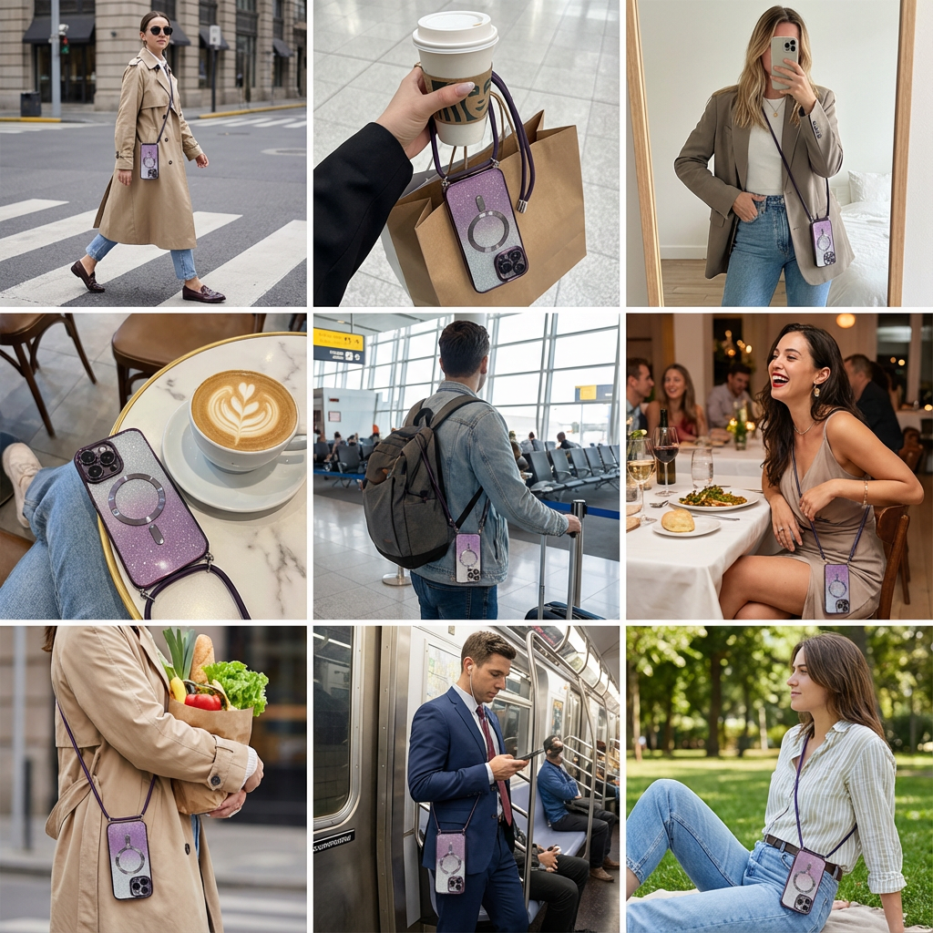 Luxus Crossbody Lanyard Gradient Glitzer Magnetgehäuse iPhone Hülle | MagSafe Case mit Kameralinsenschutzabdeckung für Apple iPhone 17/17 Air/16/16e/15/14/13 Pro Max Plus Cover | Panzertasche, Weiche TPU Plating Handyhülle | Premium Schutzhülle