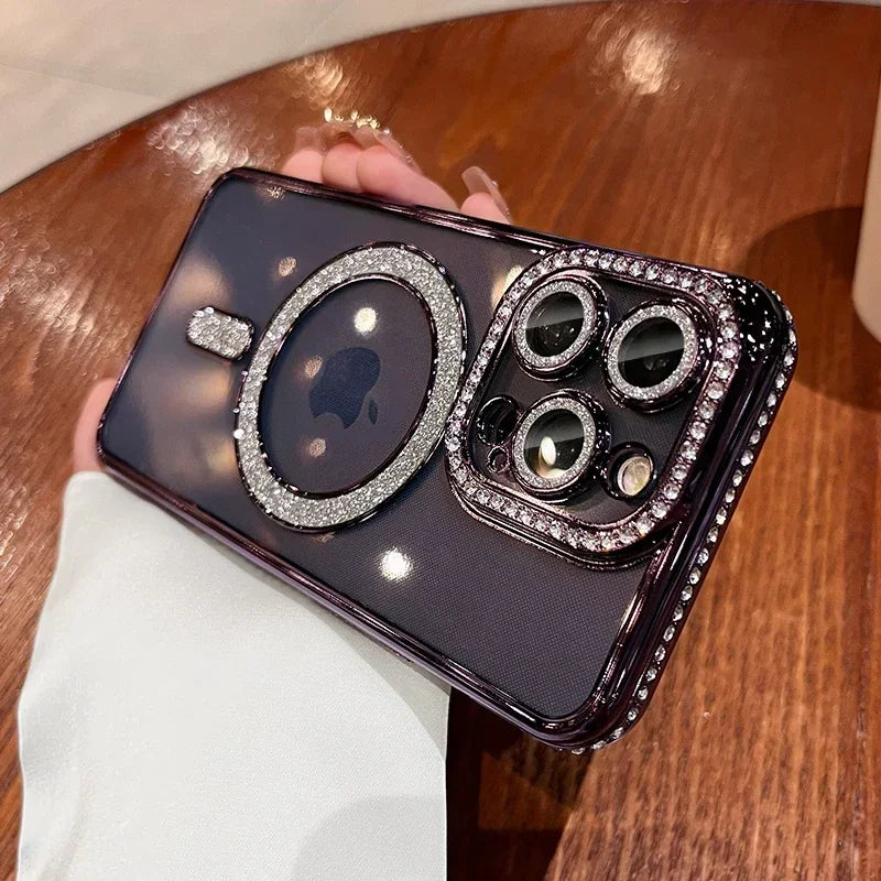 Premium Luxuriöses Rosa Diamant-Glitzer Klarlack-Handyhülle Hülle, MagSafe, Abdeckung,| Apple iPhone 15/11/12/13/14 Pro Max Plus - MagSafe, Magnetische Drahtlose Ladeabdeckung - Phone Heaven Zone