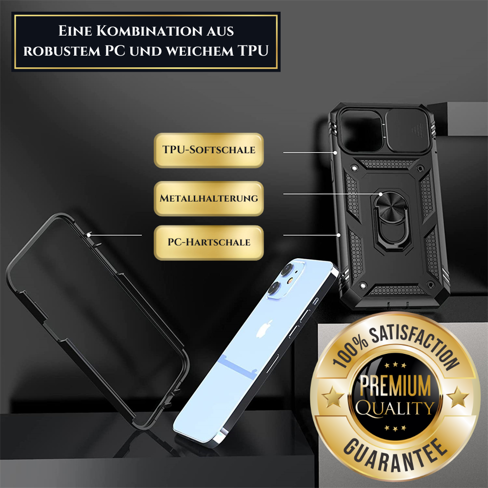 Premium Robustes Militärpanzer Apple iPhone Hülle | Militärqualität, 360° Schutz, Kamera- und Bildschirmschutz, Drehbarer Ständer, Kartenfach & MagSafe, Stoßfeste Abdeckung | Panzerhülle Outdoor & Baustellen | Armor Handyschutzhülle, Sturzsicheres Cover