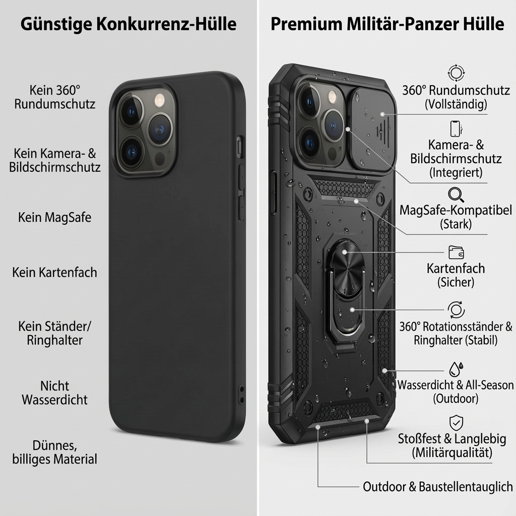 Premium Robustes Militärpanzer Apple iPhone Hülle | Militärqualität, 360° Schutz, Kamera- und Bildschirmschutz, Drehbarer Ständer, Kartenfach & MagSafe, Stoßfeste Abdeckung | Panzerhülle Outdoor & Baustellen | Armor Handyschutzhülle, Sturzsicheres Cover