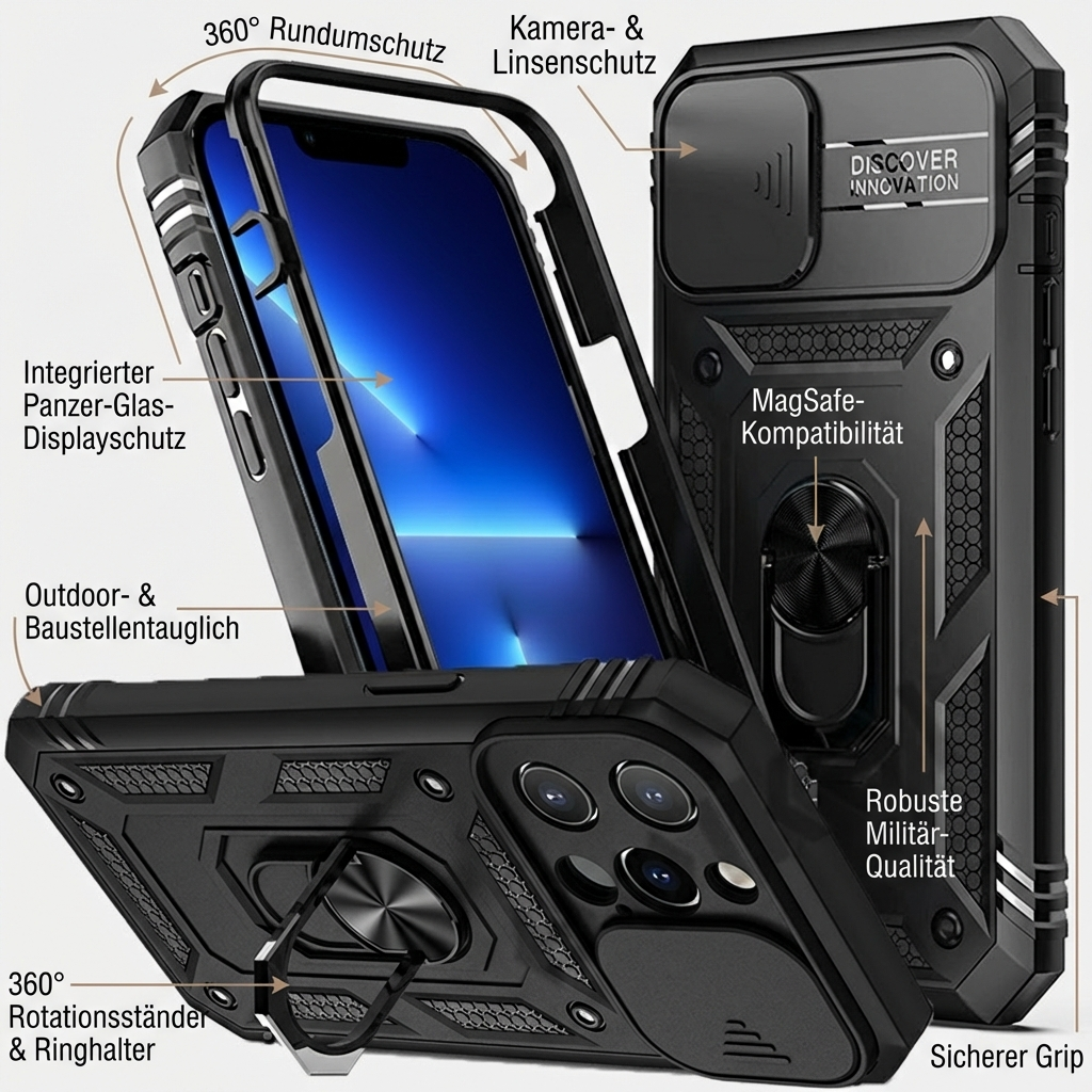 Premium Robustes Militärpanzer Apple iPhone Hülle | Militärqualität, 360° Schutz, Kamera- und Bildschirmschutz, Drehbarer Ständer, Kartenfach & MagSafe, Stoßfeste Abdeckung | Panzerhülle Outdoor & Baustellen | Armor Handyschutzhülle, Sturzsicheres Cover
