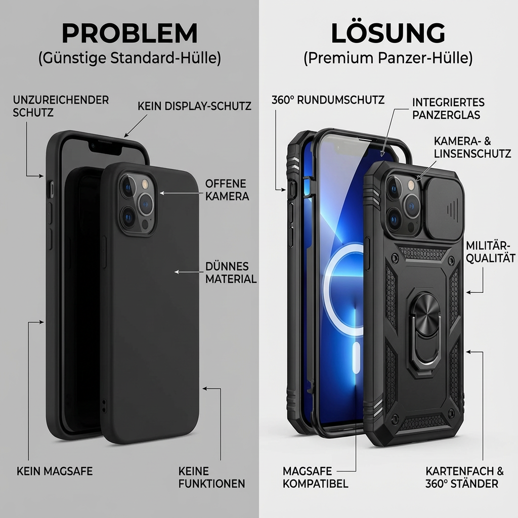 Premium Robustes Militärpanzer Apple iPhone Hülle | Militärqualität, 360° Schutz, Kamera- und Bildschirmschutz, Drehbarer Ständer, Kartenfach & MagSafe, Stoßfeste Abdeckung | Panzerhülle Outdoor & Baustellen | Armor Handyschutzhülle, Sturzsicheres Cover