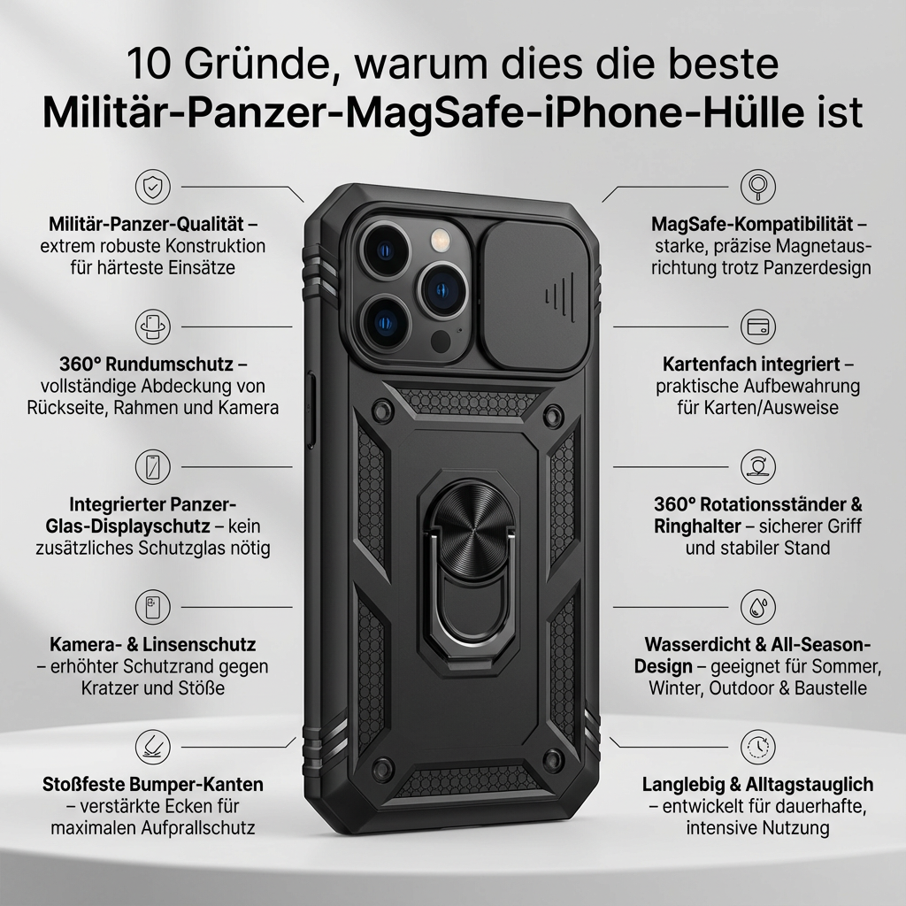 Premium Robustes Militärpanzer Apple iPhone Hülle | Militärqualität, 360° Schutz, Kamera- und Bildschirmschutz, Drehbarer Ständer, Kartenfach & MagSafe, Stoßfeste Abdeckung | Panzerhülle Outdoor & Baustellen | Armor Handyschutzhülle, Sturzsicheres Cover