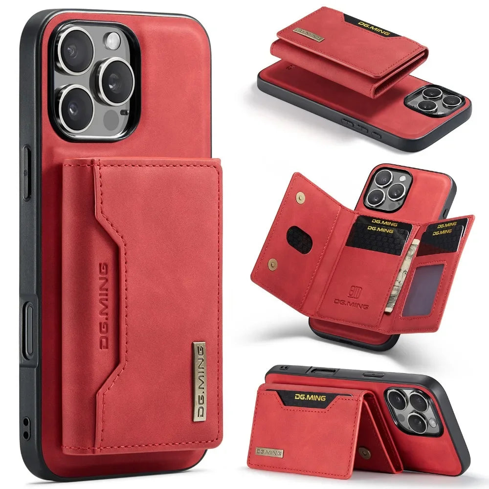 Premium Leder Magnetische Geldbörse mit Kartenhalter iPhone Hülle | MagSafe Case für Apple iPhone 17/17 Air, 16/16e, 15, 14, 13, 12 Pro Max, Plus - Rundumschutz Cover mit Kameralinsenschutz | Panzertasche Handyhülle | Wallet Schutzhülle