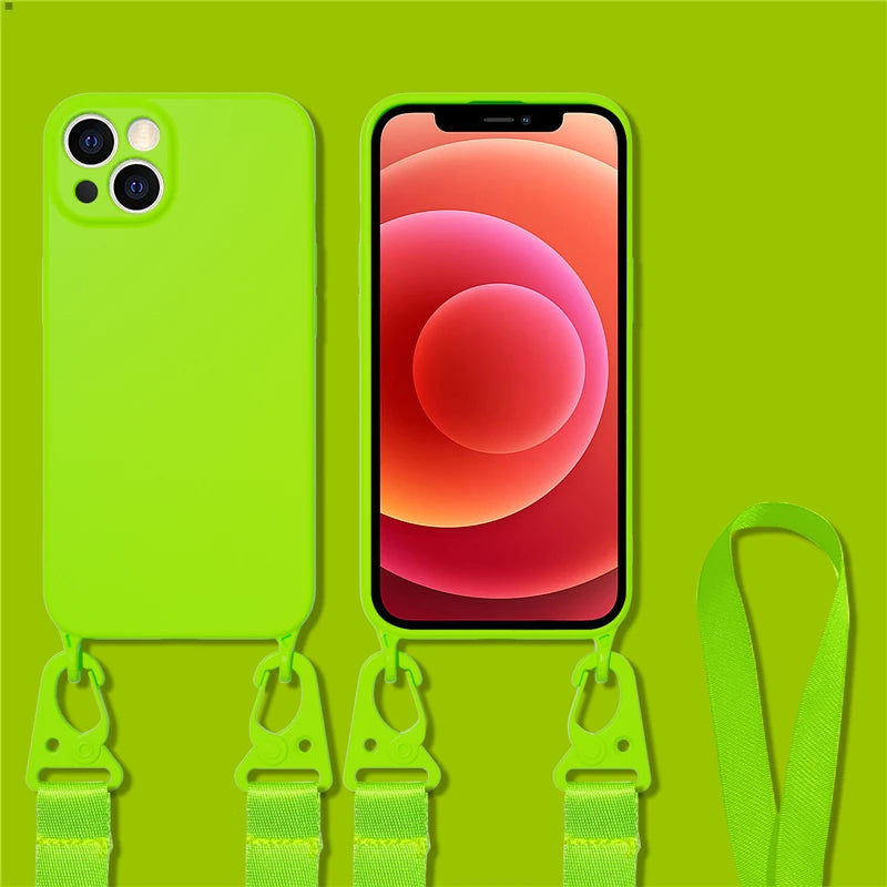 Hochwertige Crossbody-Halskettenriemen Lanyard Weiche Silikon iPhone Hülle | MagSafe Case, Kameralinsenschutzabdeckung für Apple iPhone 17/17 Air, 16/16e, 15, 14, 13 Pro Max Plus Cover – Umhängeband, Schulterriemen, Kartenhalter | Premium Schutzhülle