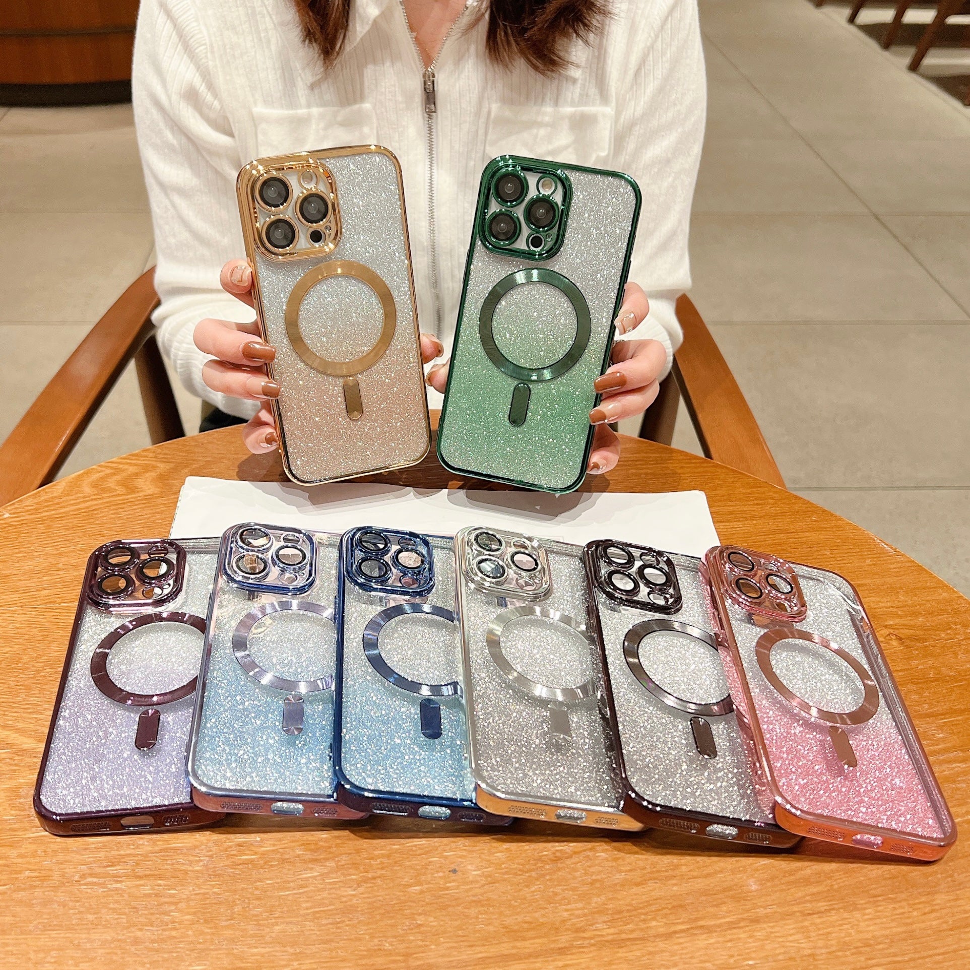 Luxus Crossbody Lanyard Gradient Glitzer Magnetgehäuse iPhone Hülle | MagSafe Case mit Kameralinsenschutzabdeckung für Apple iPhone 17/17 Air/16/16e/15/14/13 Pro Max Plus Cover | Panzertasche, Weiche TPU Plating Handyhülle | Premium Schutzhülle