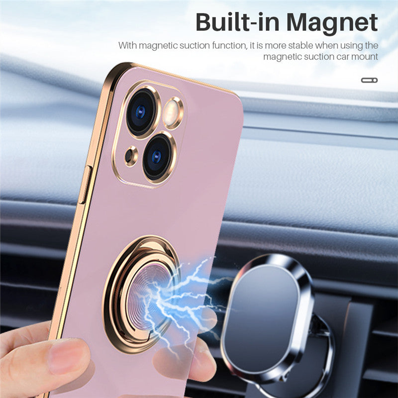 Luxus Silikon Magnetische Ringhalter und Ständer iPhone Hülle | MagSafe Case, Rundumschutz, Kameralinsenschutzabdeckung für Apple iPhone 17/17 Air, 16/16e, 15, 14, 13 Pro Max Plus Cover | Panzertasche, Stoßstangenabdeckung Handyhülle | Premium Schutzhülle