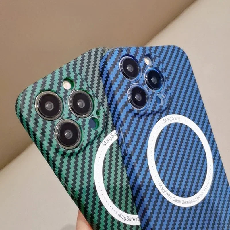 Hochwertige Kohlefaser-Magnetische iPhone-Hülle | MagSafe-Case mit Rundumschutz & Kameralinsenschutz für Apple iPhone 17/17 Air, 16/16e, 15, 14, 13 Pro Max Plus Cover | Stoßfeste Handyhülle mit Panzertasche & Stoßstangenabdeckung Schutzhülle