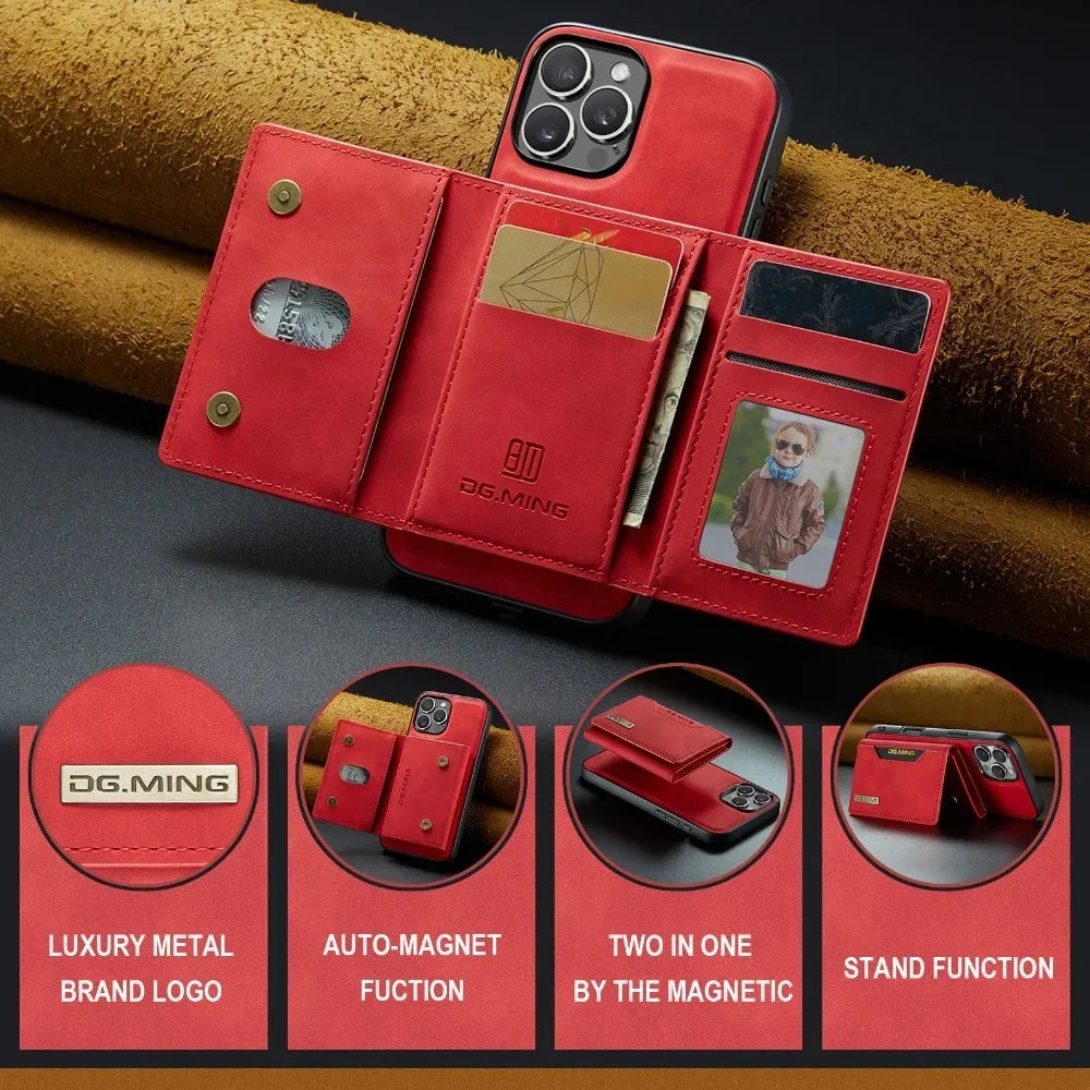 Premium Leder Magnetische Geldbörse mit Kartenhalter iPhone Hülle | MagSafe Case für Apple iPhone 17/17 Air, 16/16e, 15, 14, 13, 12 Pro Max, Plus - Rundumschutz Cover mit Kameralinsenschutz | Panzertasche Handyhülle | Wallet Schutzhülle