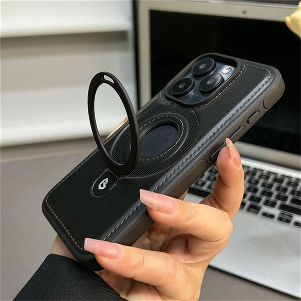 Premium Leder iPhone Hülle mit Magnetring-Ständer: 360 Grad Rotierende Gyro-Standfunktion & Faltbarer Halter | MagSafe Case, Rundumschutz, Kameralinsenschutz für Apple iPhone 17/17 Air, 16/16e, 15, 14, 13 Pro Max Plus Cover | Panzertasche Schutzhülle