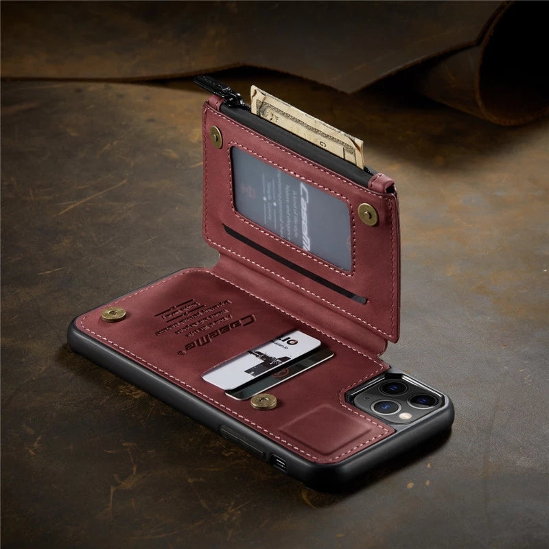 Hochwertige Leder-Brieftasche mit Kartenfach, Portmonee und Ständer iPhone-Hülle | MagSafe Case, Rundumschutz, Kameralinsenschutzabdeckung für Apple iPhone 17/17 Air, 16/16e, 15, 14, 13 Pro Max Plus Cover | Wallet & Geldbörse Schutzhülle