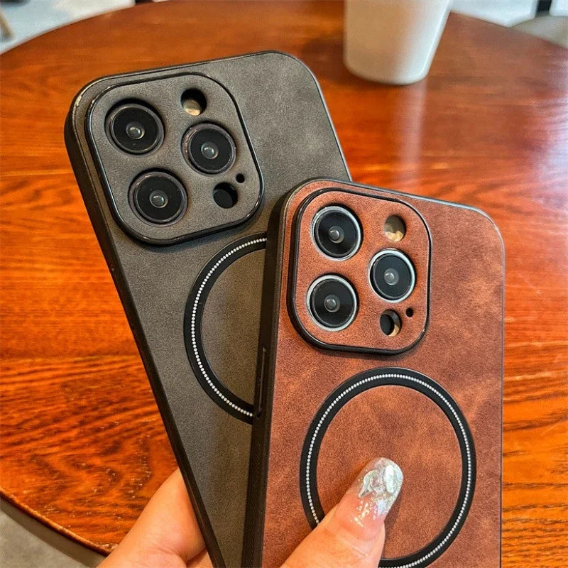 Hochwertige Leder MagSafe Case: Magnetische iPhone-Hülle | Stoßfestes Cover mit Kameraschutzabdeckung – Panzertasche für Apple iPhone 17/17 Air, 16/16e, 15, 14, 13 Pro Max Plus | Luxus Handyhülle
