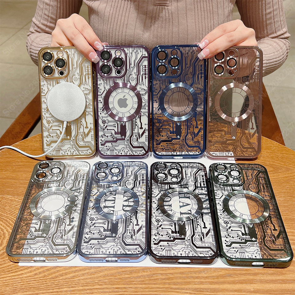 Premium Mechanische Uhr Textur Design Magnetische MagSafe Transparente iPhone-Hülle | Rundumschutz & Kameralinsenschutz Case für Apple iPhone 17/17 Air, 16/16e, 15, 14, 13 Pro Max Plus Cover | Stoßfeste Handyhülle mit Panzertasche & Stoßstangenabdeckung