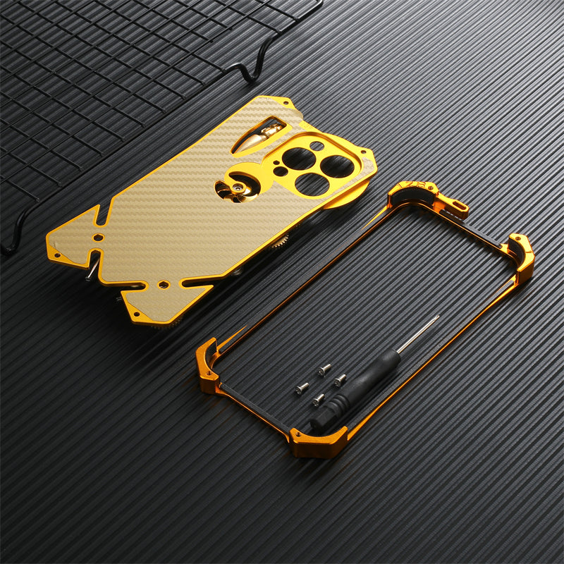 Premium Mechanisches Gaming-Design: Stoßfeste Metall-Handyhülle mit Zahnrad, Ständer | Aluminium-Kühlung, Schädel-Kompass-Case für Apple iPhone 17/17 Air, 16/16e, 15, 14, 13, 12 Pro Max Plus Mini | MagSafe Case, Rundumschutz & Kameralinsenschutz