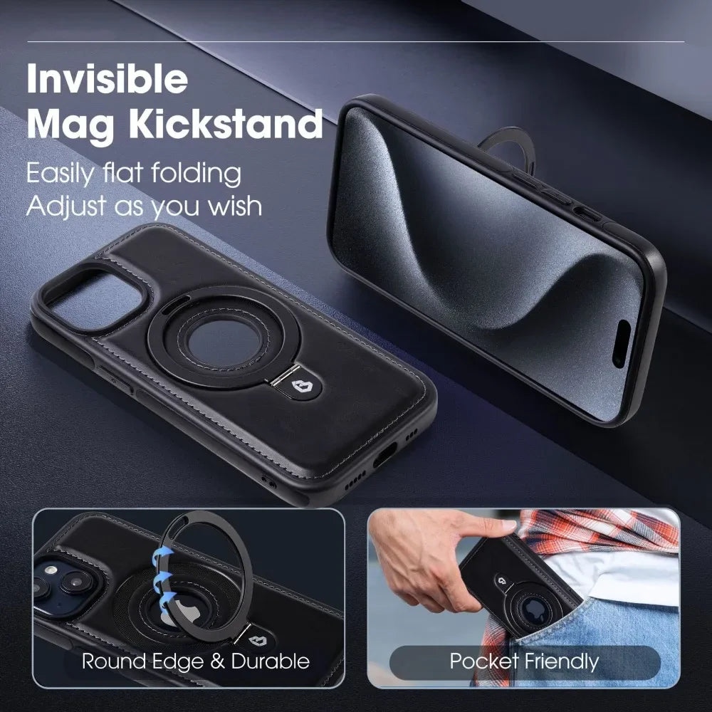 Premium Leder iPhone Hülle mit Magnetring-Ständer: 360 Grad Rotierende Gyro-Standfunktion & Faltbarer Halter | MagSafe Case, Rundumschutz, Kameralinsenschutz für Apple iPhone 17/17 Air, 16/16e, 15, 14, 13 Pro Max Plus Cover | Panzertasche Schutzhülle