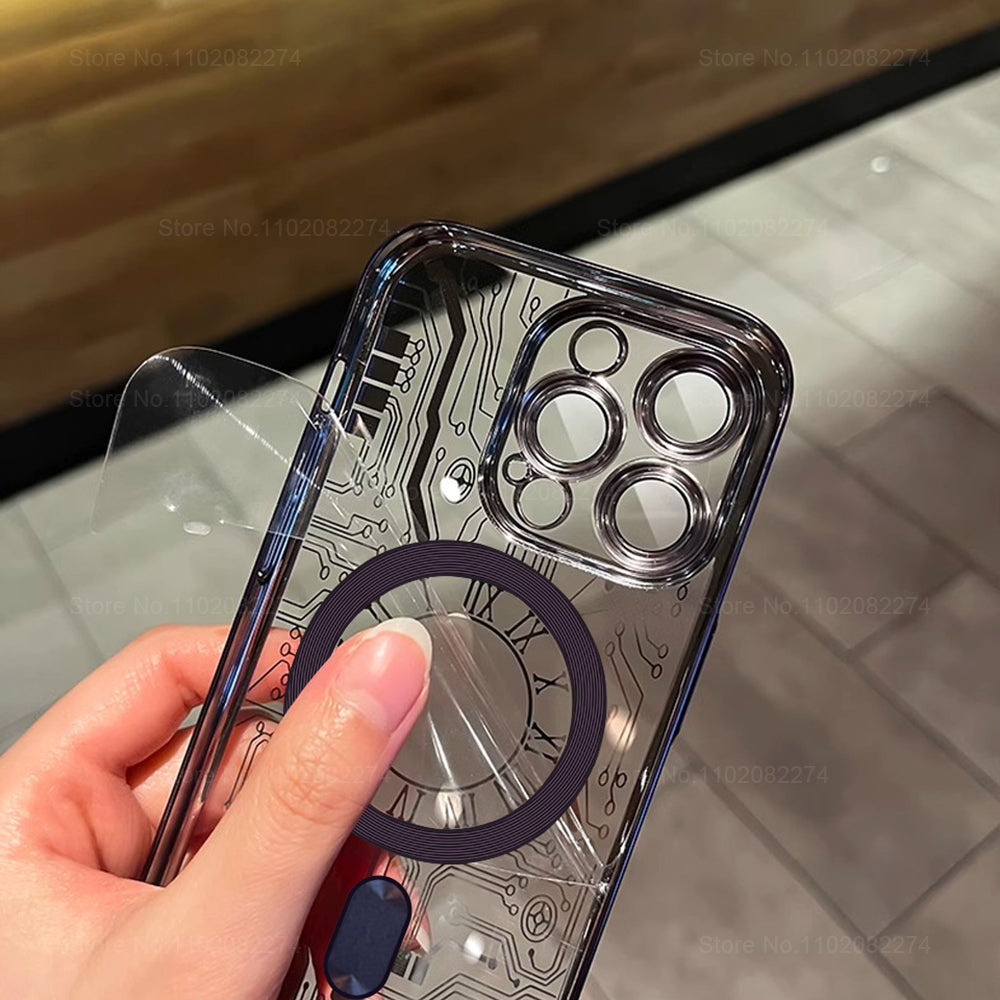Premium Mechanische Uhr Textur Design Magnetische MagSafe Transparente iPhone-Hülle | Rundumschutz & Kameralinsenschutz Case für Apple iPhone 17/17 Air, 16/16e, 15, 14, 13 Pro Max Plus Cover | Stoßfeste Handyhülle mit Panzertasche & Stoßstangenabdeckung