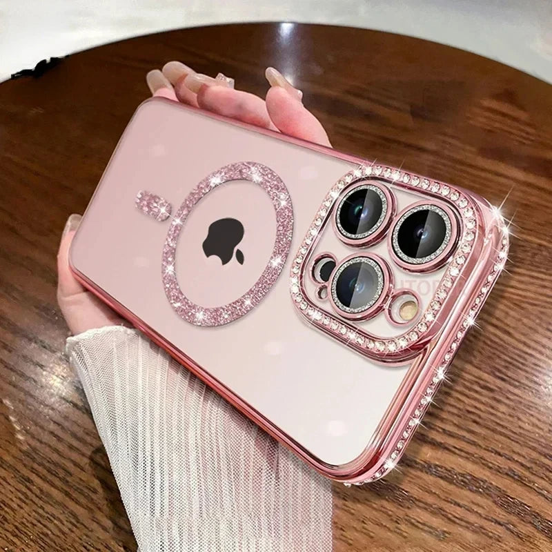 Premium Luxuriöse Rosa Diamant-Glitzer Klarlack iPhone Hülle | MagSafe Case mit Kameralinsenschutzabdeckung für Apple iPhone 17/17 Air, 16/16e, 15, 14, 13 Pro Max Plus Cover | Panzertasche, Stoßstangenabdeckung Schutzhülle