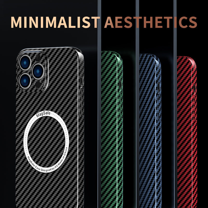 Luxus Ultradünne Kohlefaser iPhone-Hülle | MagSafe-Case mit Rundumschutz & Kameralinsenschutz für Apple iPhone 17/17 Air, 16/16e, 15, 14, 13 Pro Max Plus Cover | Stoßfeste Handyhülle mit Panzertasche & Stoßstangenabdeckung