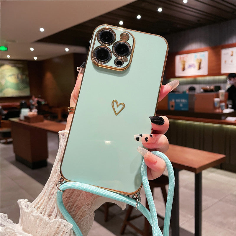 Premium Crossbody Strap Lanyard iPhone Hülle mit Luxus-Beschichtung Liebe-Herz-Design Weiche Silikon | MagSafe Case mit Kameralinsenschutzabdeckung für Apple iPhone 17/17 Air, 16/16e, 15, 14, 13 Pro Max Plus Cover – Umhängeband, Schulterriemen Schutzhülle