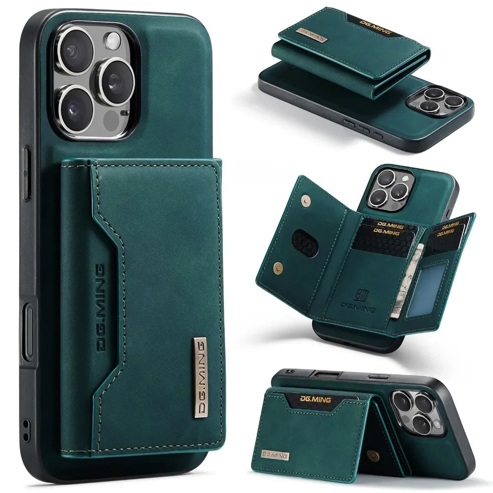 Premium Leder Magnetische Geldbörse mit Kartenhalter iPhone Hülle | MagSafe Case für Apple iPhone 17/17 Air, 16/16e, 15, 14, 13, 12 Pro Max, Plus - Rundumschutz Cover mit Kameralinsenschutz | Panzertasche Handyhülle | Wallet Schutzhülle