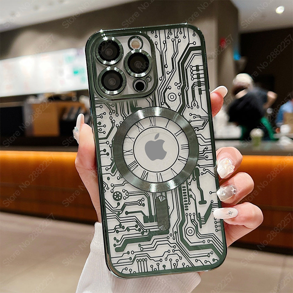 Premium Mechanische Uhr Textur Design Magnetische MagSafe Transparente iPhone-Hülle | Rundumschutz & Kameralinsenschutz Case für Apple iPhone 17/17 Air, 16/16e, 15, 14, 13 Pro Max Plus Cover | Stoßfeste Handyhülle mit Panzertasche & Stoßstangenabdeckung