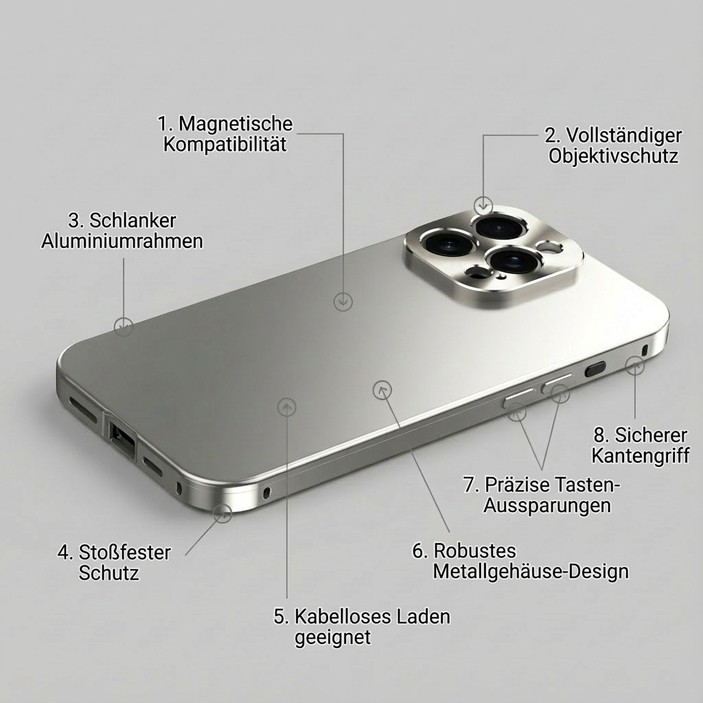 Luxus Metall iPhone Hülle Case mit MagSafe – 360° Kamera- und Display-Schutz, robuster Aluminiumrahmen, stoßfest, kratzfest, rutschfest, ultradünnes Slim-Design, magnetisch, kabelloses Laden, edles Premium-Cover, Anti-Fingerprint-Beschichtung