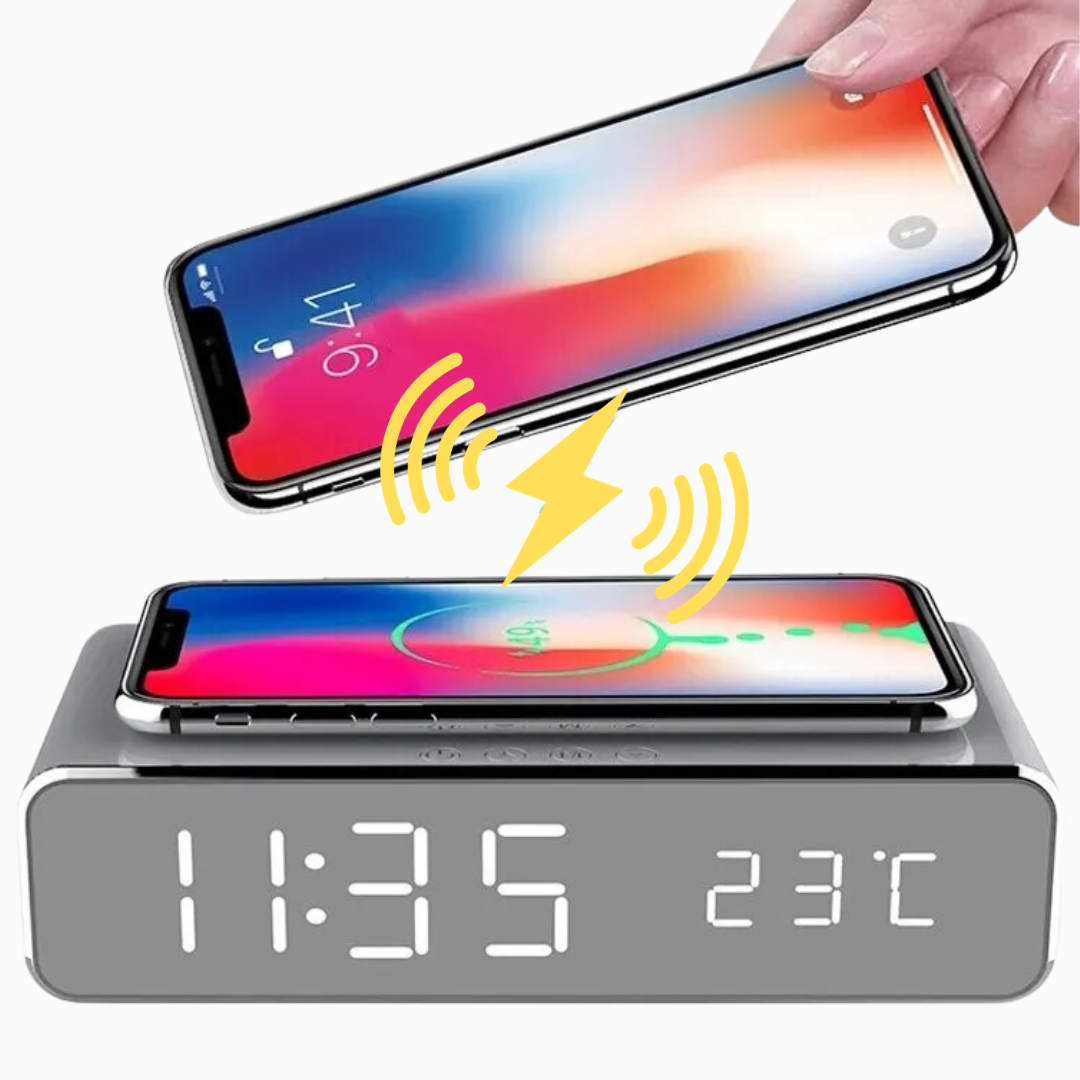 Kabellose Ladestation Wecker LED-Schnellladestation Handy Ladegerät Wireless Charging Station Apple iPhone, Samsung, Android