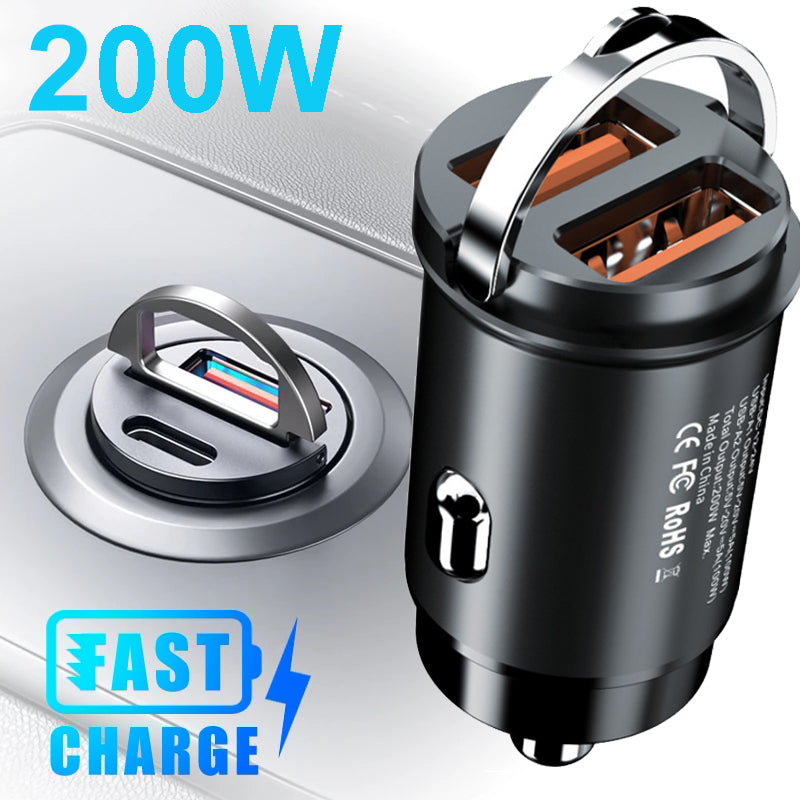 High-Quality 200W Mini Car Charger with Fast Charging for Smartphones, Apple iPhone, Samsung, iOS &Android, Xiaomi, Huawei | QC 3.0 PD, USB Type-C Car Phone Charger