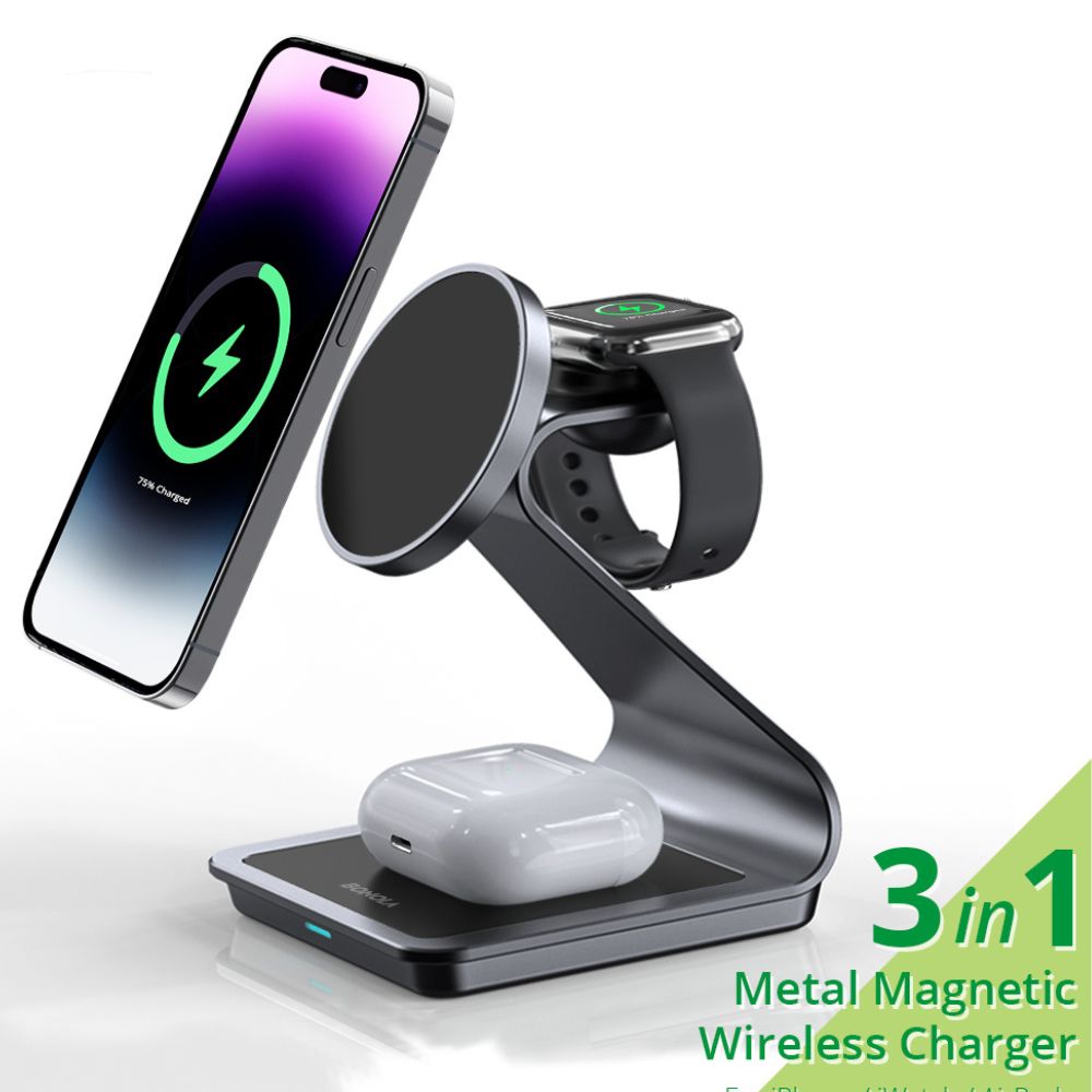 Premium 3 in 1, 30W Magnetic Wireless Charging Station | Wireless Charger for Smartphones, Apple iPhone, Samsung, iOS & Android Apple Watch/AirPods | Fast Charging Docking Station