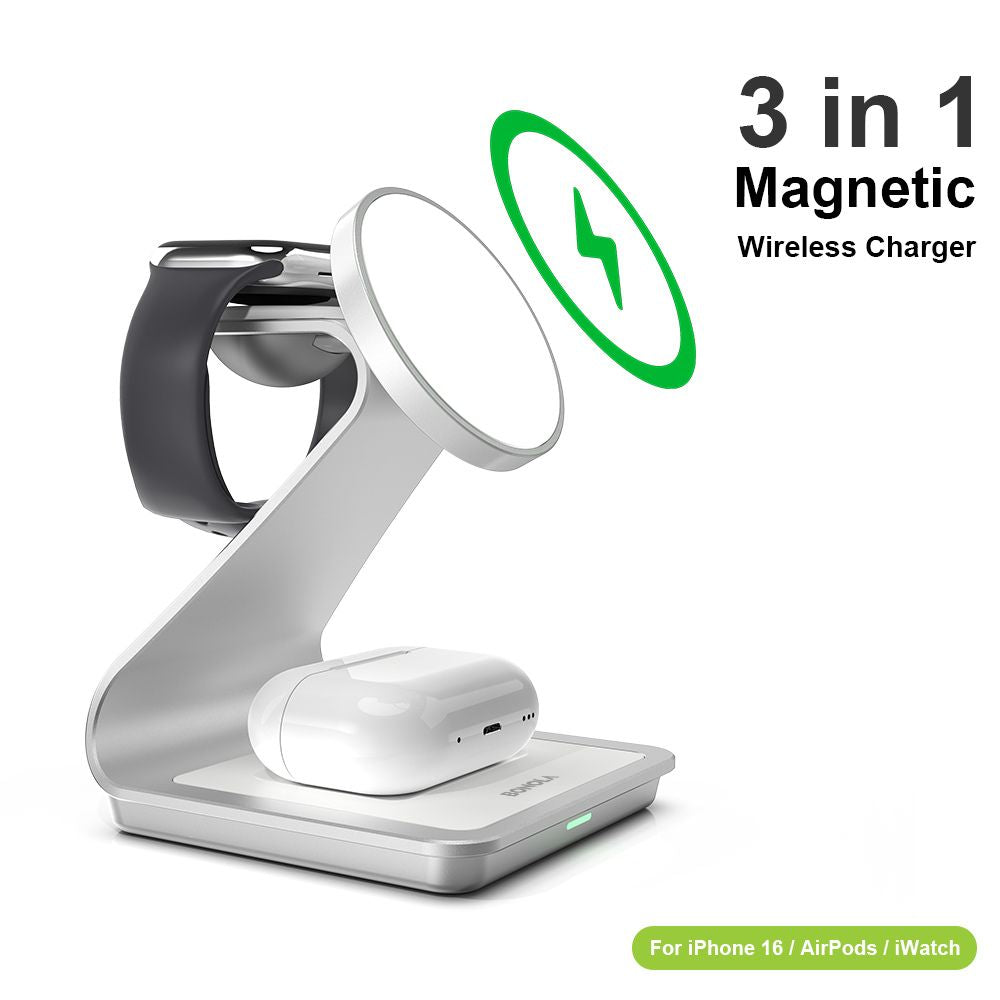 Premium 3 in 1, 30W Magnetic Wireless Charging Station | Wireless Charger for Smartphones, Apple iPhone, Samsung, iOS & Android Apple Watch/AirPods | Fast Charging Docking Station