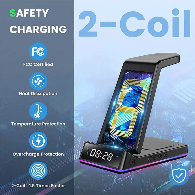 5-in-1 Wireless Fast Charging Station 30W Premium with LED | Wireless Fast Charging Dock, Charger with Stand and Alarm forSmartphones, Apple iPhone, Samsung, iOS & Android Watch, AirPods