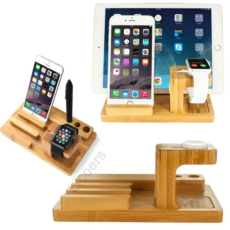 3-in-1 Bambus-Holz Ladestation für iPhone: Handy-Halter, Ladegerät-Ständer und Basis für die Apple Watch sowie Aufbewahrungsbox für das iPad