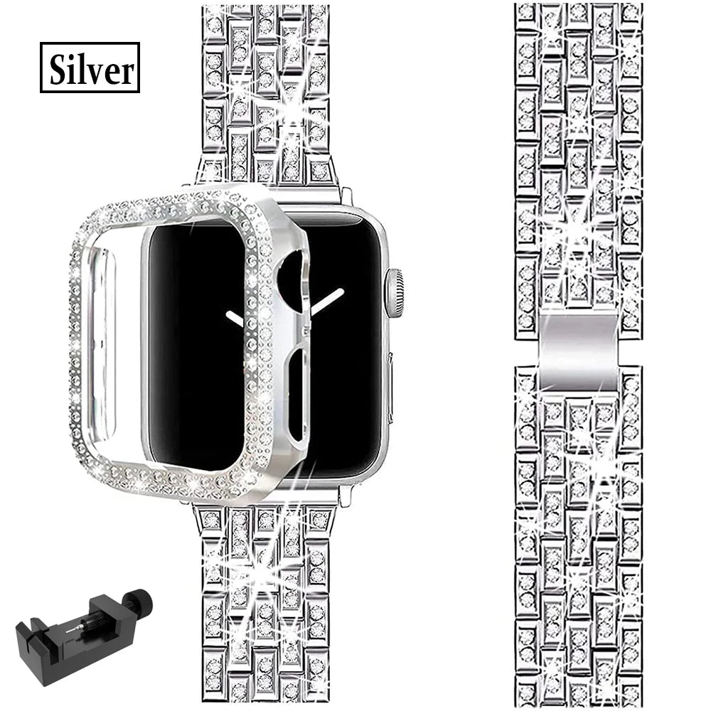 Luxury Premium glitter metal bracelet and diamond protective case for Apple Watch Series 10/9/8/7/6/5/4/3/2/1 & Ultra 2/1, SE: 2024, 2023, 2022, 2021, 2020, 2019, 2018, 2017, 2016 | Ultra 49mm, 45mm, 41mm, 40mm, 44mm, 42mm bracelet for iWatch.