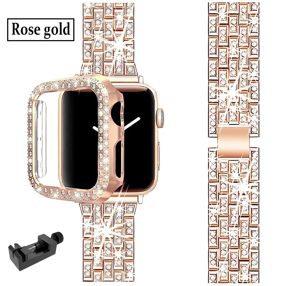 Luxury Premium glitter metal bracelet and diamond protective case for Apple Watch Series 10/9/8/7/6/5/4/3/2/1 & Ultra 2/1, SE: 2024, 2023, 2022, 2021, 2020, 2019, 2018, 2017, 2016 | Ultra 49mm, 45mm, 41mm, 40mm, 44mm, 42mm bracelet for iWatch.