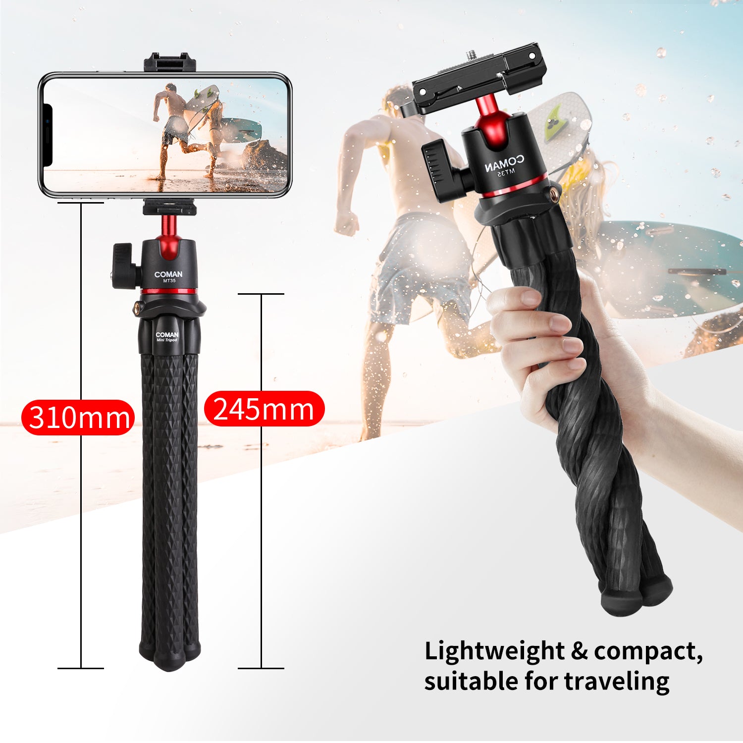 High-Quality Octopus Flex Tripod with 1/4 Screw, Ball Head & Cold Shoe: Universal Phone Clip for Apple iPhone 15/14/13/12/11 Pro Max/Plus/Mini,  SLR, DSLR Camera, GoPro Smartphones, Apple iPhone, Samsung, iOS &amp; Android  | Professional Photo/Video