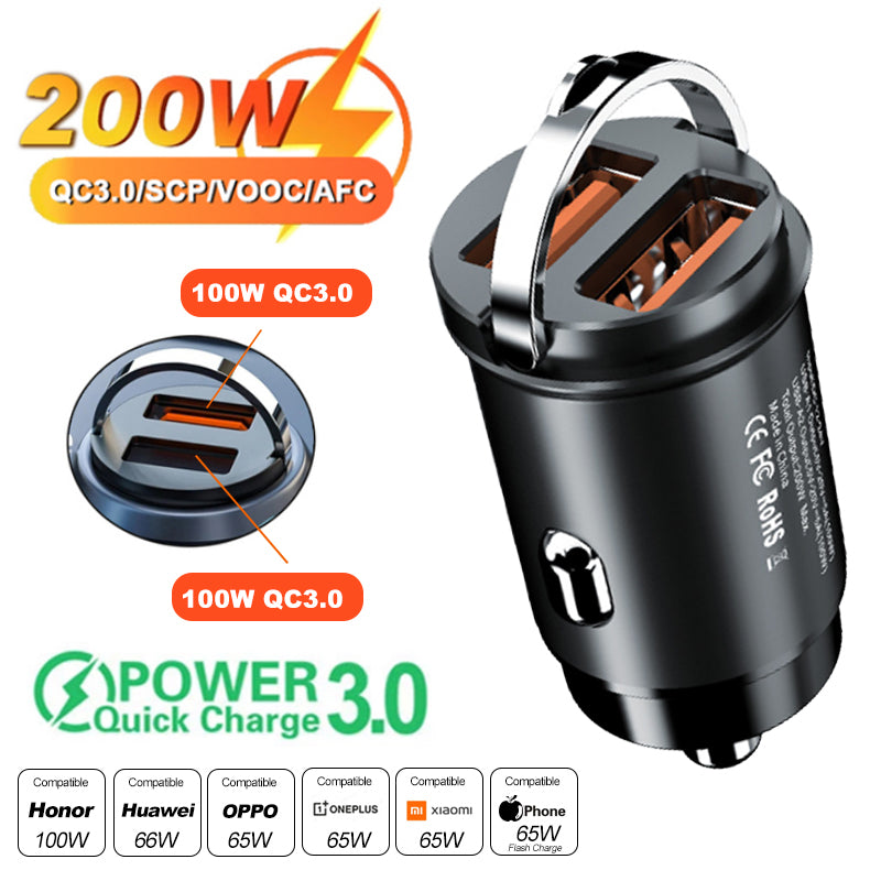 High-Quality 200W Mini Car Charger with Fast Charging for Smartphones, Apple iPhone, Samsung, iOS &Android, Xiaomi, Huawei | QC 3.0 PD, USB Type-C Car Phone Charger