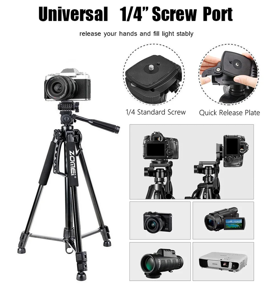 Professional Aluminum Travel Tripod, 140 cm for Videography & Photography: Quick Plate Mounting, Suitable for Smartphones, Apple iPhone 15/14/13/12/11 Pro Max/Plus/Mini, GoPro, Canon/Nikon DSLR/SLR