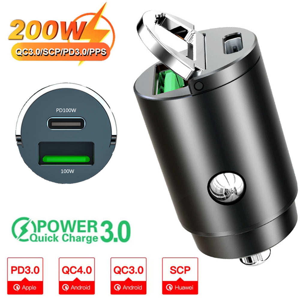 High-Quality 200W Mini Car Charger with Fast Charging for Smartphones, Apple iPhone, Samsung, iOS &Android, Xiaomi, Huawei | QC 3.0 PD, USB Type-C Car Phone Charger