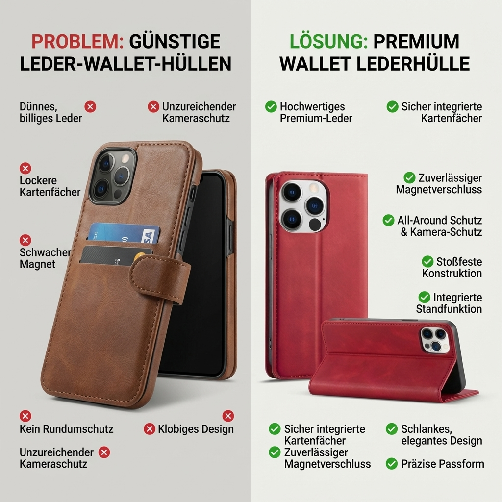 Geldbörse Flip Leder iPhone Hülle mit Portmonee Funktion, Kartensteckplatz, Magnetverschluss, Kartenfach & Standfunktion | Luxus Business Klapp Wallet Case Stoßfestes Cover mit Kameraschutz | Stoßfänger Sturzsichere Handyschutzhülle