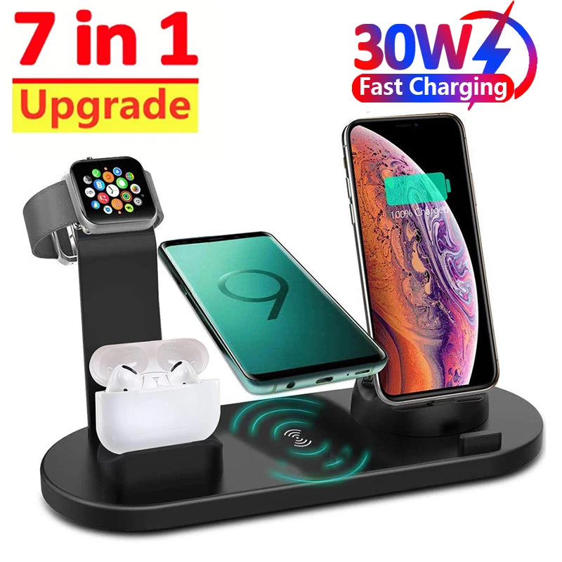 7 in 1 Wireless Fast Charging Station 30W, MagSafe Charger Docking Station & Stand | Fast Wireless Charging Station for Smartphones, Apple iPhone, Samsung, iOS & Android AirPods, Watch