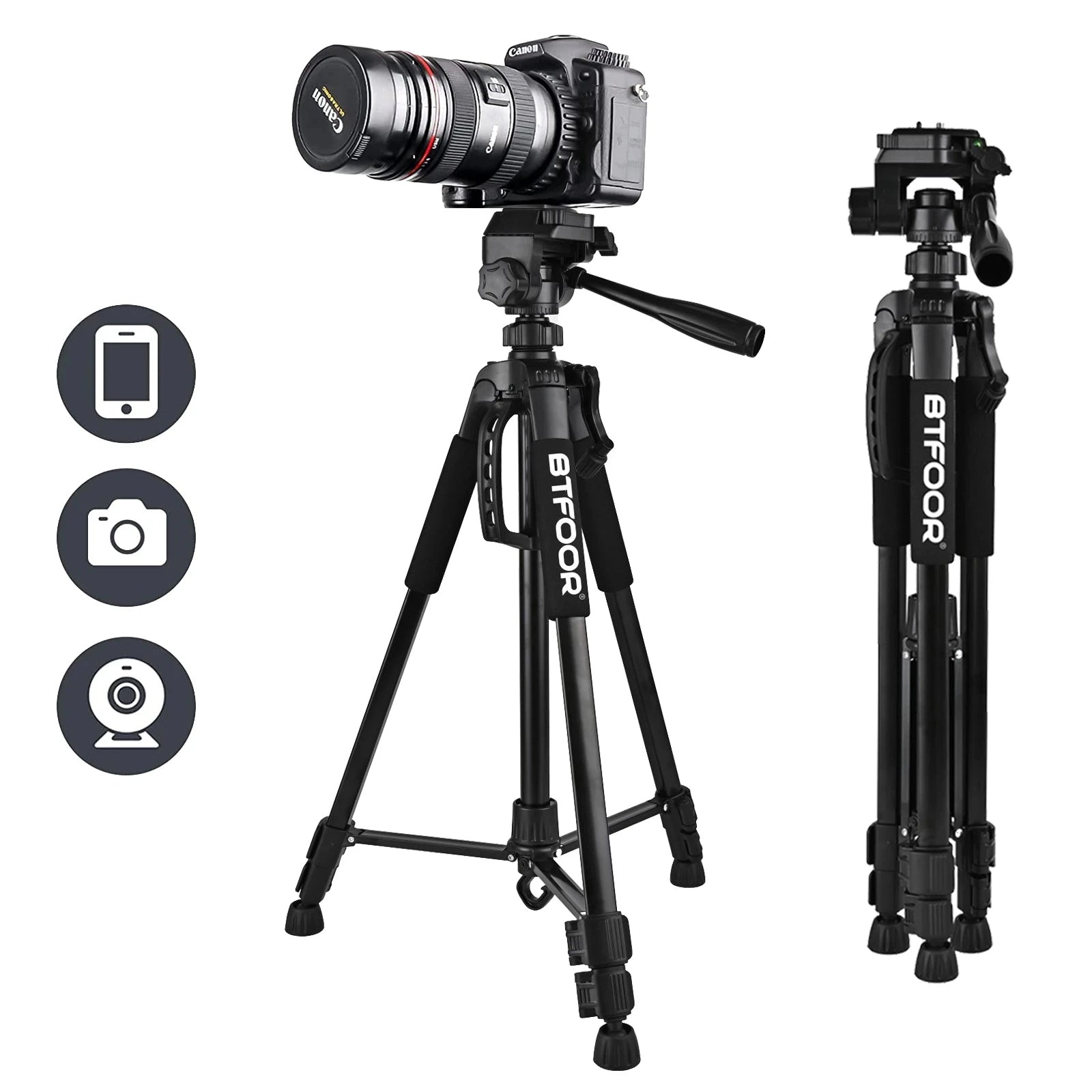 Professional Aluminum Travel Tripod, 140 cm for Videography & Photography: Quick Plate Mounting, Suitable for Smartphones, Apple iPhone 15/14/13/12/11 Pro Max/Plus/Mini, GoPro, Canon/Nikon DSLR/SLR