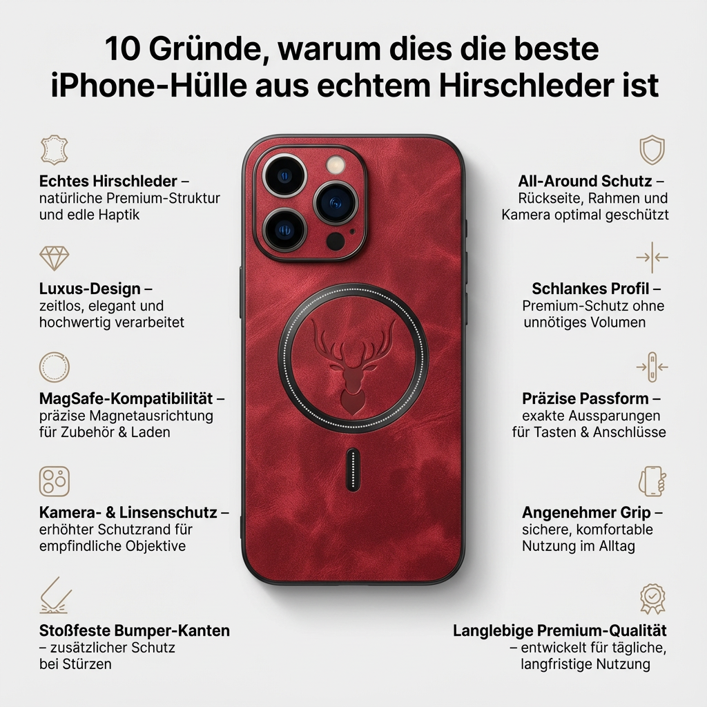 Luxus Hirschleder Apple iPhone Hülle | MagSafe Case mit Kameralinsenschutz, Magnetische Kabellose Stoßfeste Handyschutzhülle | Premium Sturzsicherer Bumper-Cover für iPhone 17/17 Air, 16/16e, 15, 14, 13 Pro Max Plus